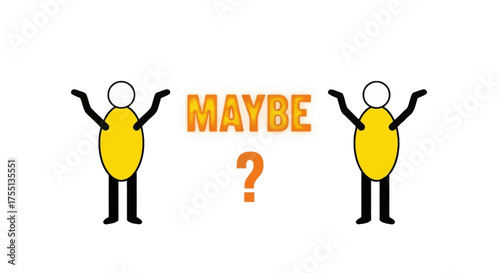 A Visual Representation of Uncertainty and Decision Making The Word Maybe Above a Question Mark Between Two Figures With Outstretched Arms
