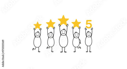 Five Happy Cartoon People Holding Up Golden Stars Demonstrating Customer Satisfaction and Excellent Service Ratings