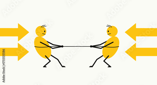 Two stick figures pulling on a rope representing conflict or competition with arrows indicating opposing forces