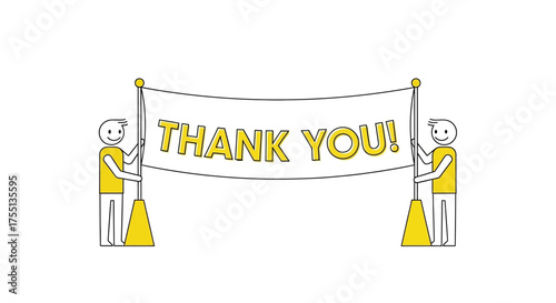 Simple Cartoon Stick Figures Holding a Large Thank You Banner with Yellow Accents and a White Background Expressing Gratitude and Appreciation