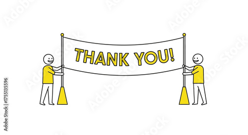 Two stylized figures hold a large banner that reads thank you in bold yellow letters against a white background