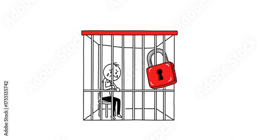 A cartoon drawing of a person in a jail cell with a large padlock on the bars