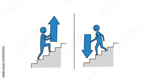 Visualizing Upward and Downward Motion and Progress on Stairs with Arrows and Stick Figures Depicting Effort