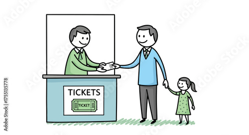 A man and his daughter purchase tickets from a friendly vendor at a ticket booth before entering an exciting event