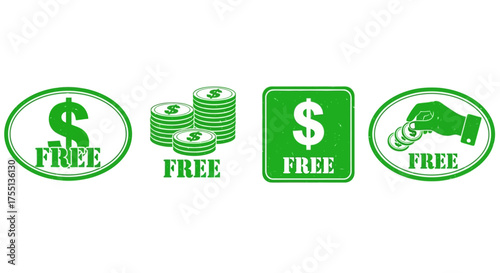 Collection of Green Rubber Stamps Featuring Dollar Signs and the Word Free Signifying No Cost Offers and Financial Incentives for Consumers and Businesses