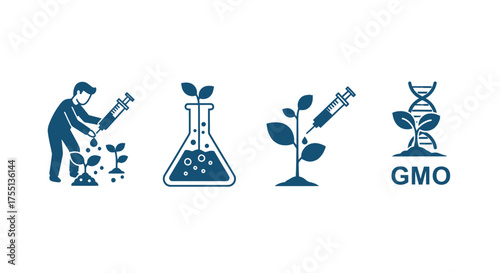 Illustrations depicting agricultural biotechnology advancements and genetic modification in plant science research