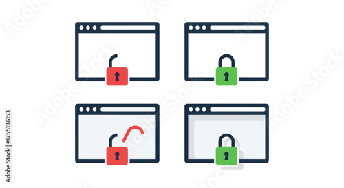 Understanding Digital Security Four Icons Depicting Locked and Unlocked Padlocks on Computer Screens Representing Privacy and Access