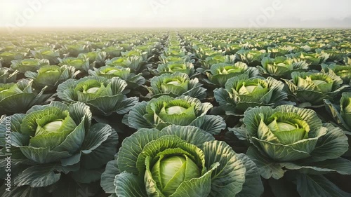 Vast Cabbage Field Sunrise Foggy Morning Agricultural Harvest Fresh Green Vegetables Organic