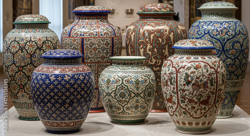 Exquisite Collection of Antique Persian Enamel and Lidded Ceramic Jars

A stunning and historically rich collection of seven antique Persian or Middle Eastern ceramic jars with fitted lids