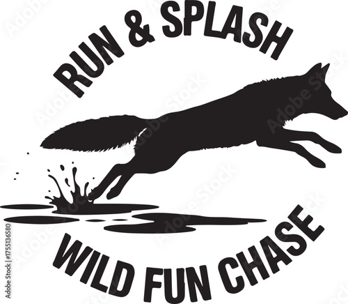 Black silhouette of a coyote jumping through water with text splash