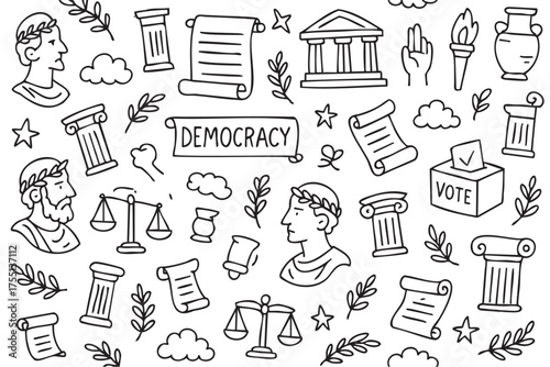 Ancient symbols and concepts of democracy featuring greek architecture and justice. Vector doodle illustration
