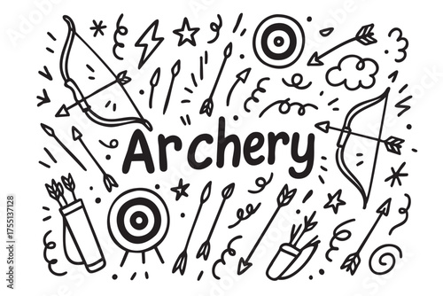 Archery equipment and target doodle with arrows and bows. Vector doodle illustration