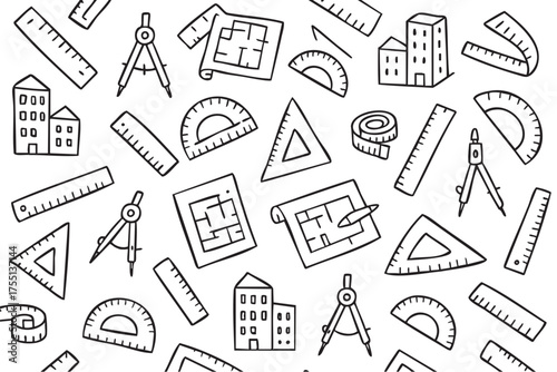 Architectural design elements pattern with rulers, protractors, and buildings. Vector doodle illustration