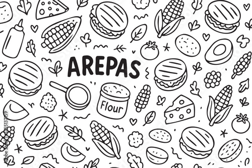 Arepas pattern with food elements: corn, avocado, cheese, flour, tomato. Vector doodle illustration