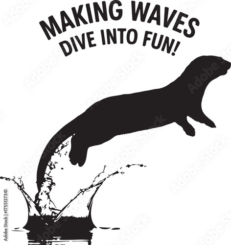 Black silhouette of an otter jumping into water with text black and white diving