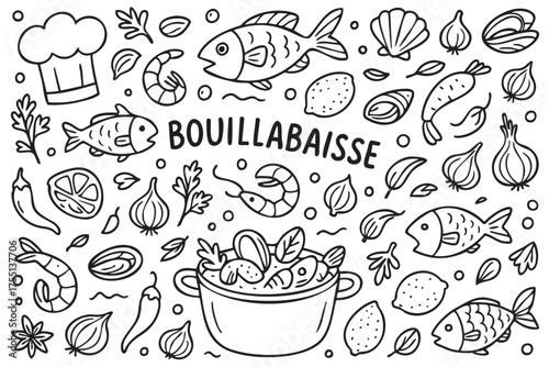 Bouillabaisse ingredients: fish, seafood, vegetables, and herbs doodle pattern. Vector doodle illustration