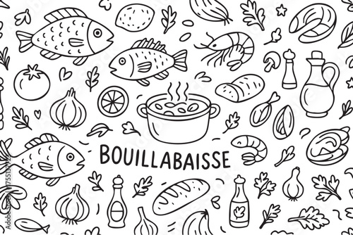 Bouillabaisse ingredients: fish, seafood, vegetables, and spices doodle pattern. Vector doodle illustration