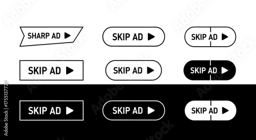 Collection of Skip Ad Buttons and Icons in Various Designs for Online Video Platforms and Advertisements