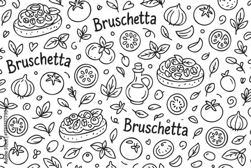 Bruschetta pattern with tomatoes, basil, and olive oil in black and white. Vector doodle illustration
