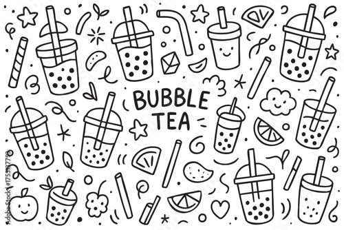 Bubble tea doodle: playful elements of drinks, straw, fruit, and stars. Vector doodle illustration