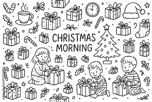 Children opening presents on christmas morning - festive holiday scene with gifts and decorations. Vector doodle illustration