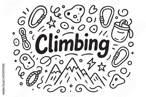 Climbing gear and mountain doodle with carabiners, rope, and peaks. Vector doodle illustration