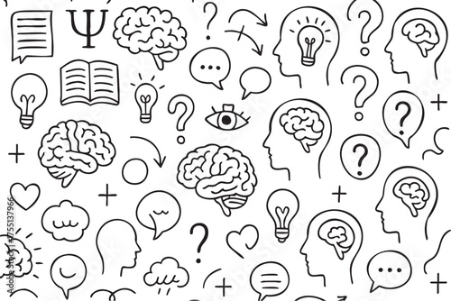 Cognitive symbols pattern with brains, lightbulbs, and books. Vector doodle illustration