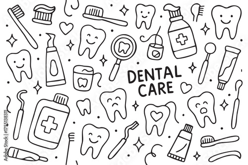 Dental care doodle pattern with toothbrushes, toothpaste, and mouthwash elements. Vector doodle illustration
