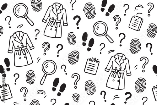 Detective icons pattern: magnifying glasses, trench coats, fingerprints, question marks, and notebooks. Vector doodle illustration