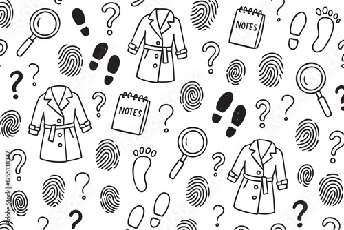 Detective themed pattern with magnifying glass, footprints, fingerprints, and question marks. Vector doodle illustration