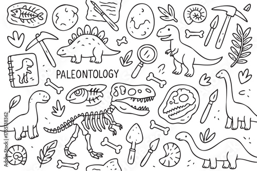 Dinosaur illustrations and fossil elements for paleontology enthusiasts. Vector doodle illustration