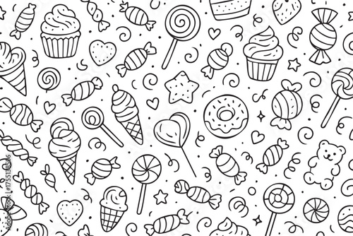 Doodle pattern of sweets and treats with lollipops, cupcakes, ice cream, and candy. Vector doodle illustration