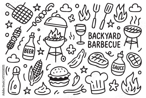 Doodle style backyard barbecue elements: grill, skewers, burgers, sauces, corn, and flames. Vector doodle illustration