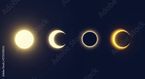 The Fascinating Progression of a Solar Eclipse Through Four Stages of Celestial Alignment Occurring in the Dark Cosmos