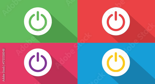 Set of four power button icons in different vibrant colors with long shadows creating a modern flat design aesthetic suitable for digital interfaces and presentations