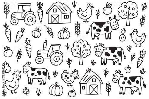 Farm life pattern: tractors, animals, and produce in black and white. Vector doodle illustration