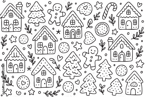 Festive gingerbread houses and cookies doodle pattern with trees and candy canes. Vector doodle illustration
