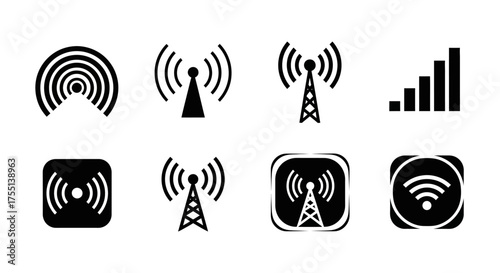 Collection of Wireless Communication Signal Icons Representing Network Strength and Connectivity Options