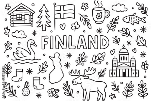 Finland doodle art: iconic symbols including moose, flag, and helsinki cathedral. Vector doodle illustration