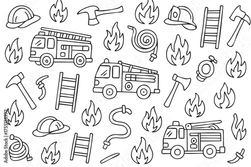 Firefighter tools and vehicles outline pattern with axes, ladders, and helmets. Vector doodle illustration