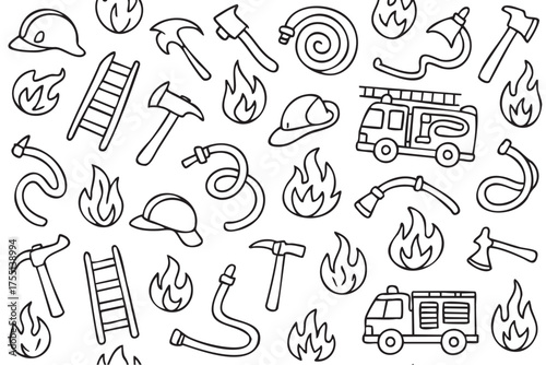 Firefighting tools and symbols pattern with helmets, axes, hoses, and trucks. Vector doodle illustration