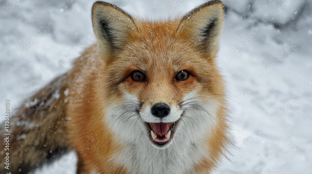 Fototapeta premium Striking Portrait of a Growling Red Fox in Snowy Landscape Perfect for Highenergy Campaigns or Seasonal Marketing.
