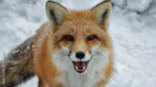 Striking Portrait of a Growling Red Fox in Snowy Landscape Perfect for Highenergy Campaigns or Seasonal Marketing.
