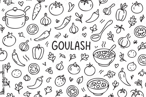 Goulash ingredients doodle: peppers, tomatoes, onions, and herbs in black and white pattern. Vector doodle illustration