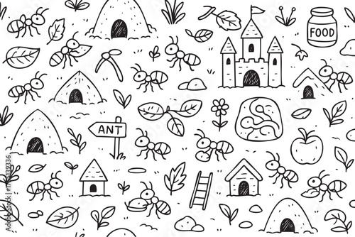 Hand-drawn ant doodle pattern with ants, anthills, and cartoon castle elements. Vector doodle illustration