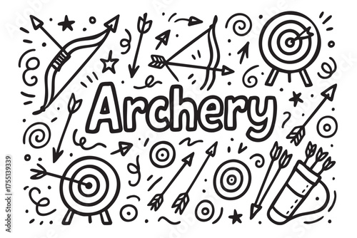 Hand-drawn archery elements and doodles featuring bows, arrows, and targets. Vector doodle illustration