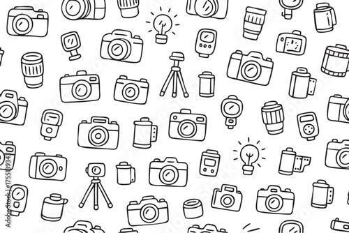 Hand-drawn camera and tripod pattern with various photography icons. Vector doodle illustration