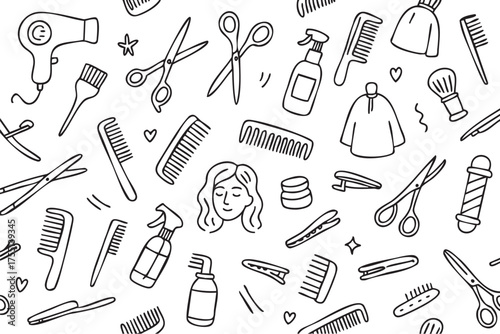 Hand-drawn black and white hair salon tools pattern with styling accessories. Vector doodle illustration