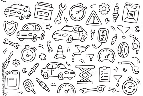 Hand-drawn car maintenance icons: vehicles, tools, automotive parts, repair symbols. Vector doodle illustration