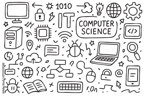 Hand-drawn computer science doodles featuring it symbols and technology icons. Vector doodle illustration